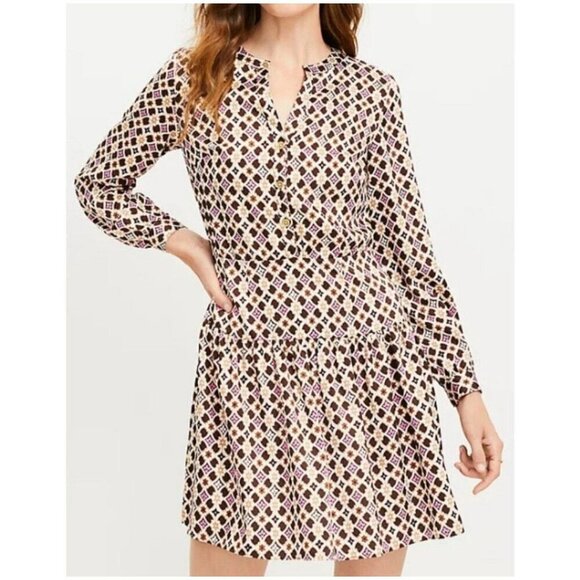 LOFT Geometric Split Neck Flare Dress New Womens Size 8 New With Tag - Picture 1 of 10